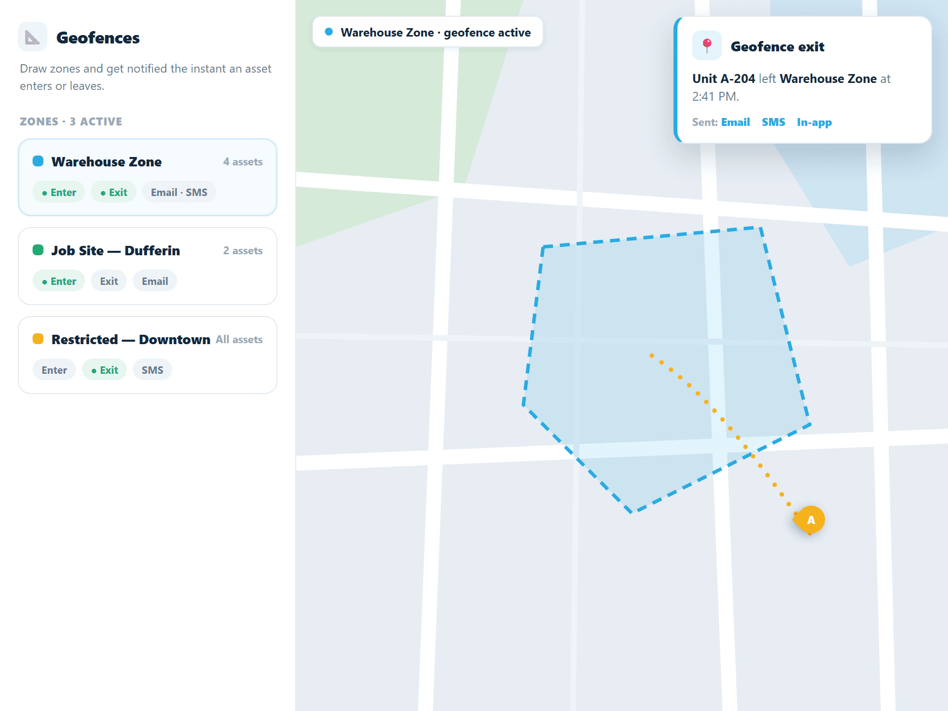 Map showing geofence zones and an alert notification for a geofence enter event